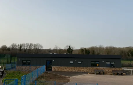 Summerdown Modular Office Block in Grey and Brick Exterior located in PLayground