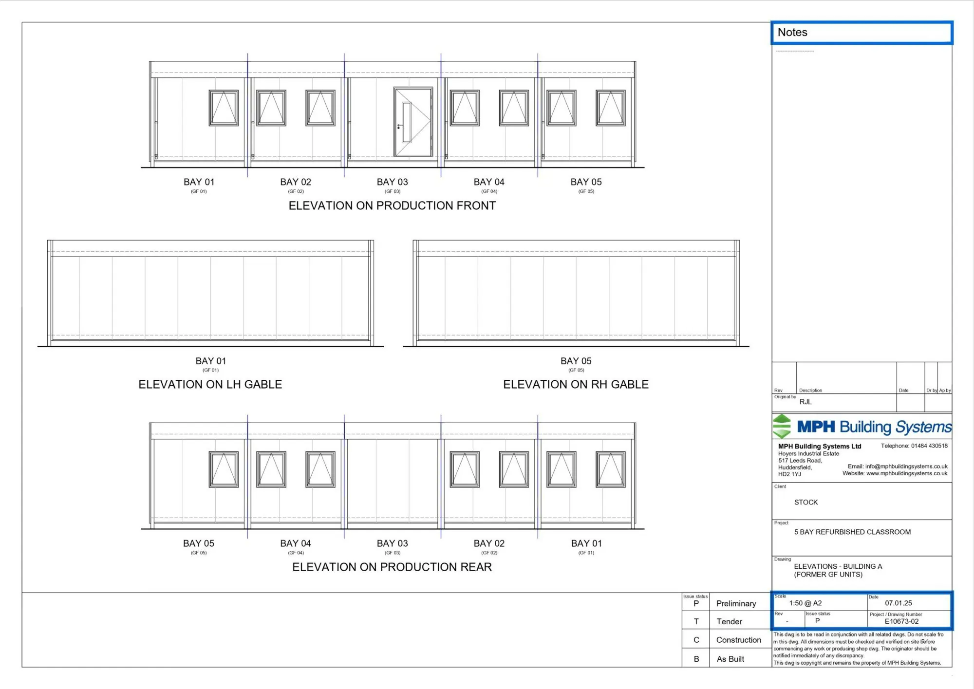 Elevation plan drawings of a 5 Bay Modular building designed for MPH Buidling Systems